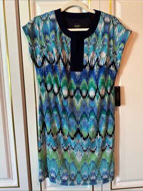 Laundry By Shelli Segal Blue, Green & Black Printed Short-Sleeve Shift Dress